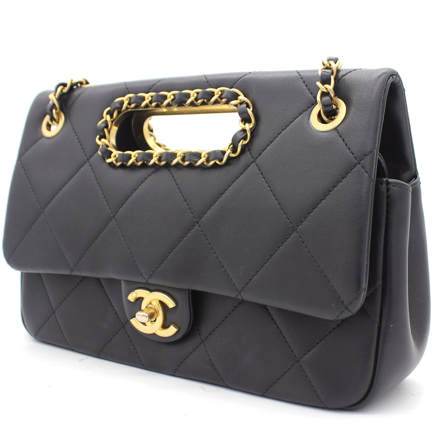 Chanel Black Quilted Smooth Calfskin Leather Jumbo Chain Detail Handle Flap Bag