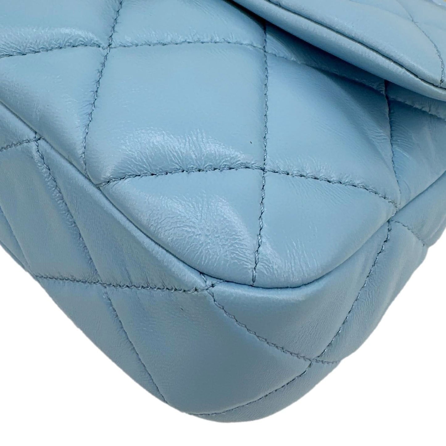 CHANEL Lacquered Flap Quilted Lambskin Leather Chain Crossbody Bag Blue