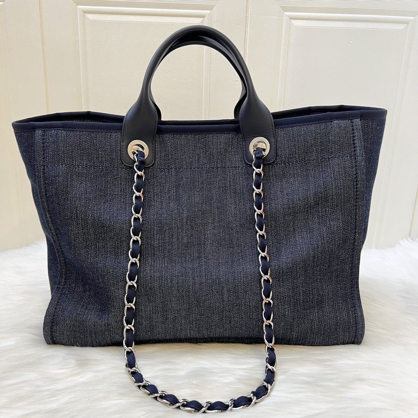 Chanel Medium / Large Deauville Tote in Fabric, Navy Leather Trim and SHW (Model: A66941)
