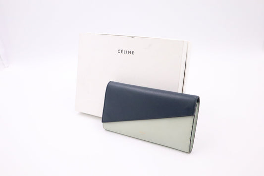 Celine Long Wallet in Navy and Mint Green Leather