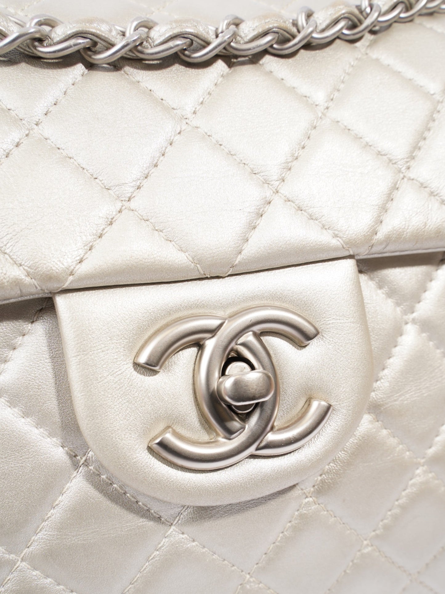 Chanel Classic Single Flap Metallic Grey Lambskin Leather Maxi