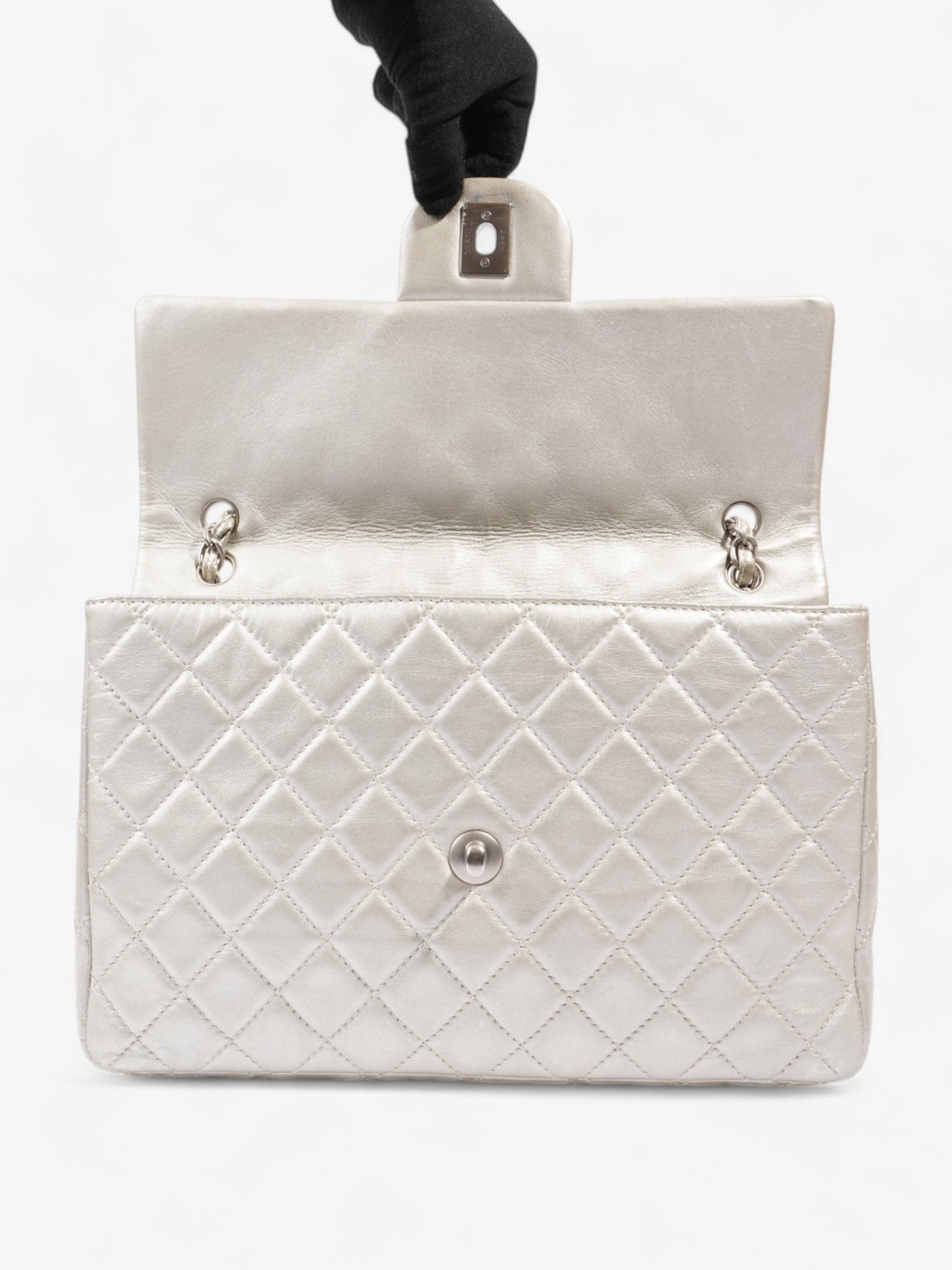 Chanel Classic Single Flap Metallic Grey Lambskin Leather Maxi