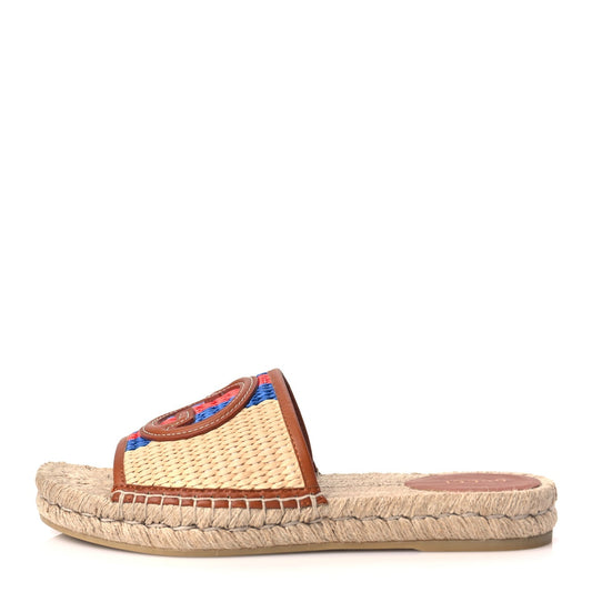 Gucci Raffia Interlocking G Flat Slide Espadrille Sandals 38.5 Harness Brown