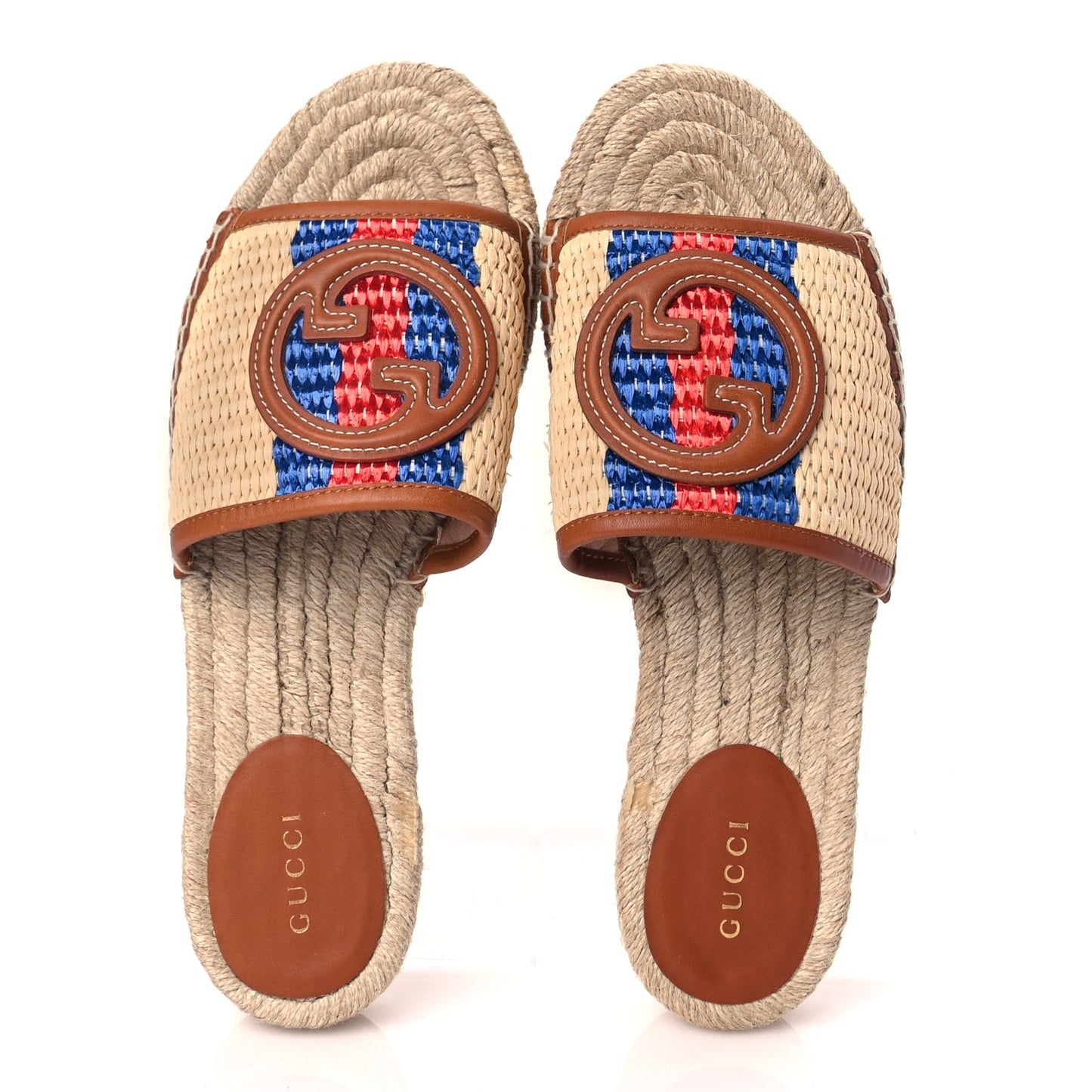 Gucci Raffia Interlocking G Flat Slide Espadrille Sandals 38.5 Harness Brown