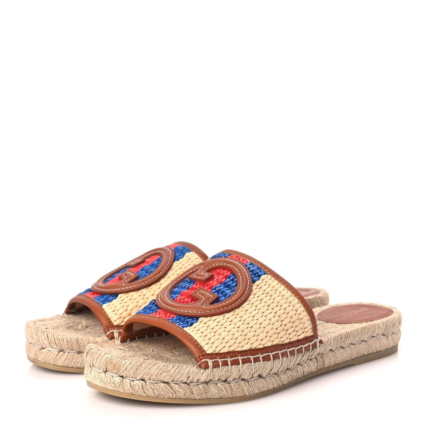 Gucci Raffia Interlocking G Flat Slide Espadrille Sandals 38.5 Harness Brown