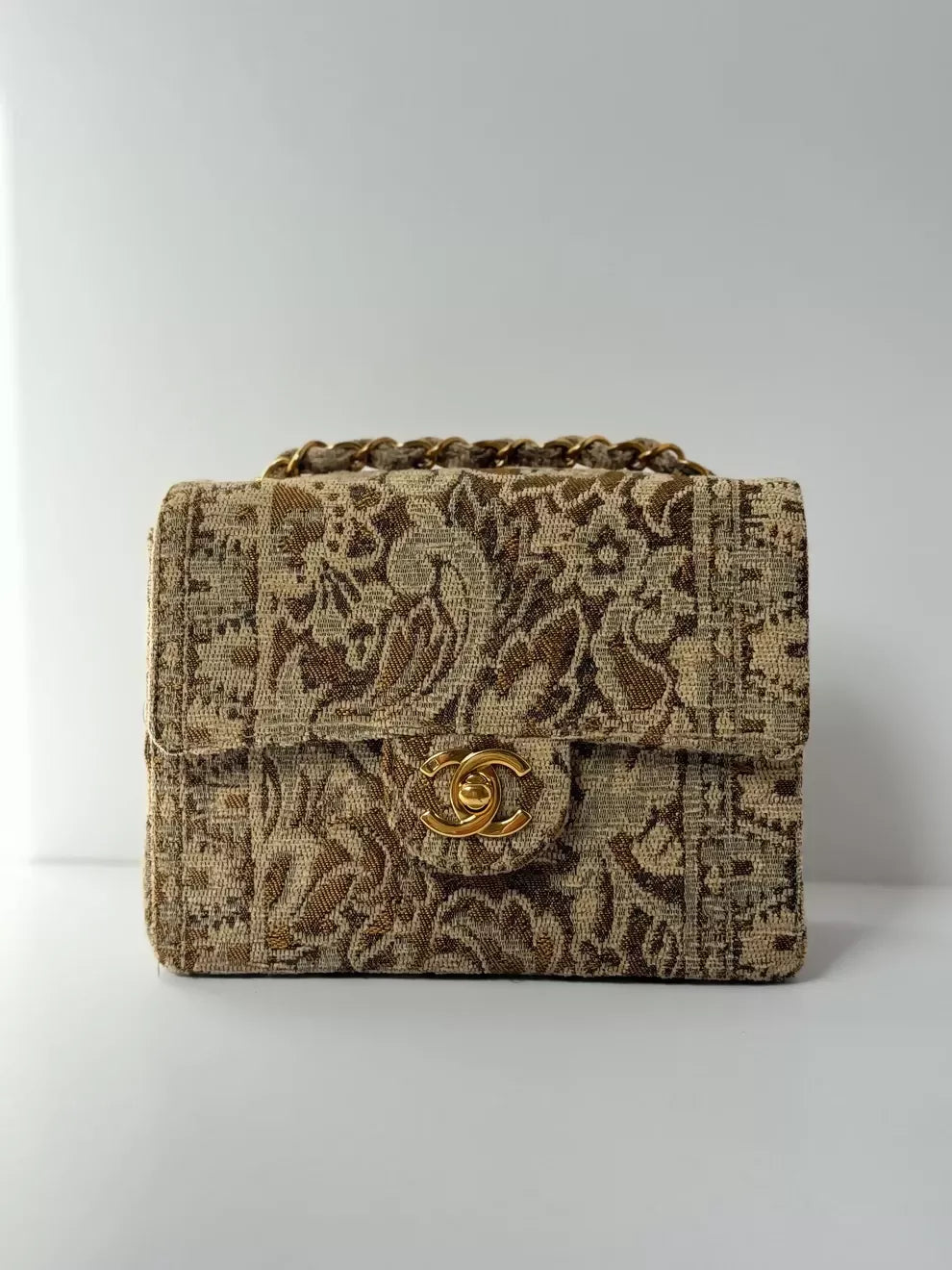Chanel  1991 Bronze Metallic Brocade Mini Square Flap Bag