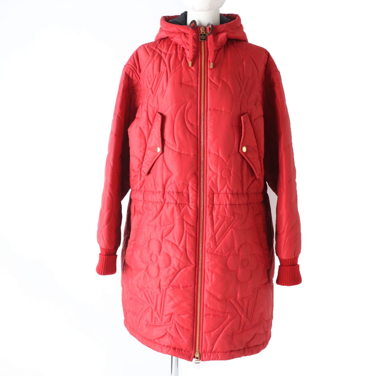LOUIS VUITTON Hoodie Outer: 70% nylon, Outer: 30% polyester, Lining: 100% nylon, Filling: 100% polyester, Rib part: 84% wool, 15% nylon, 1% polyurethane, Synthetic leather part: 100% polyester Red Women 36