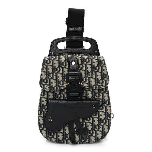 Christian Dior Grained Calfskin Oblique Mini Gallop Sling Bag Blue Black