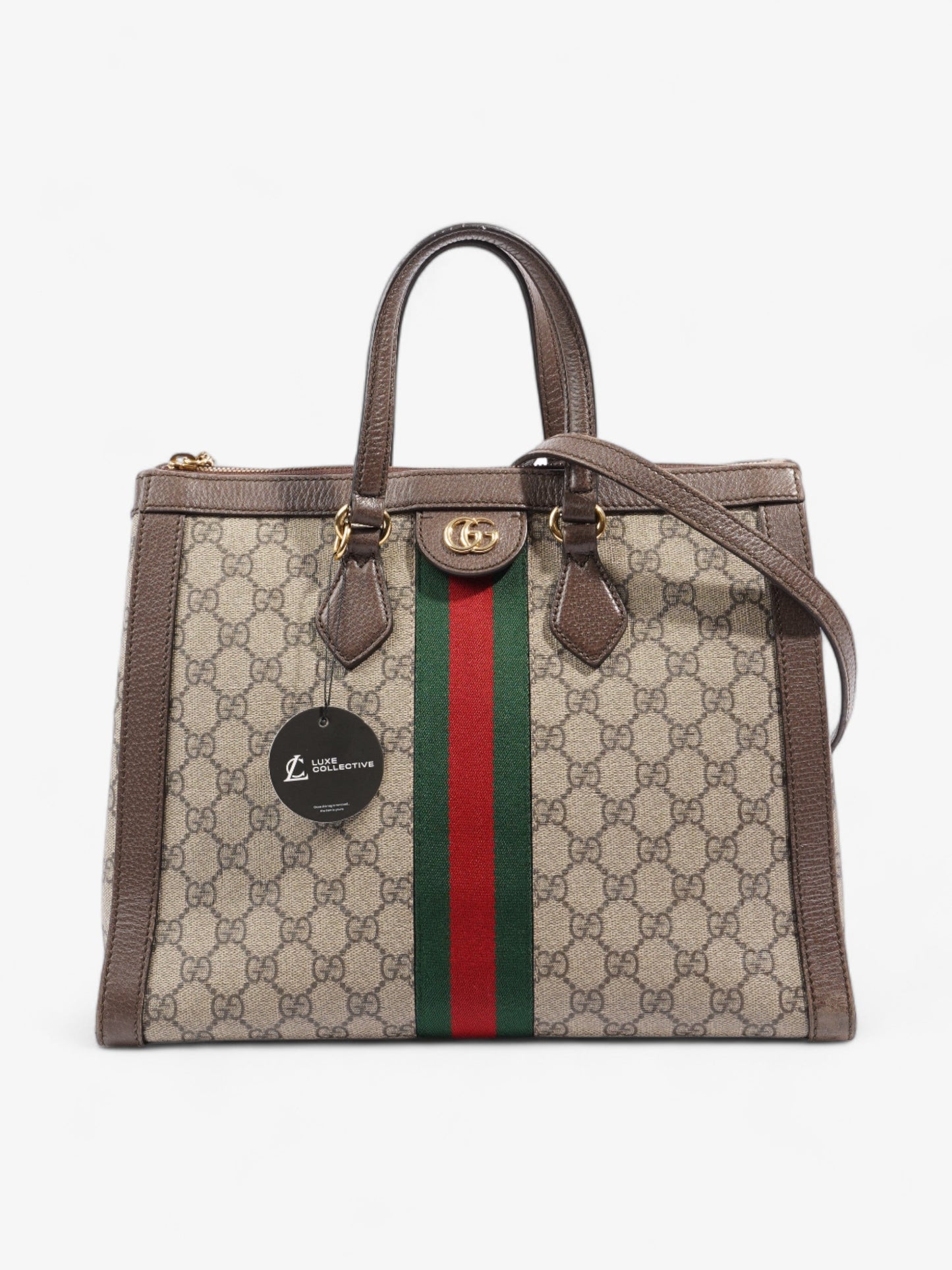 Gucci Ophidia GG Beige And Ebony GG Supreme / Brown / Gucci Stripe Coated Canvas Medium