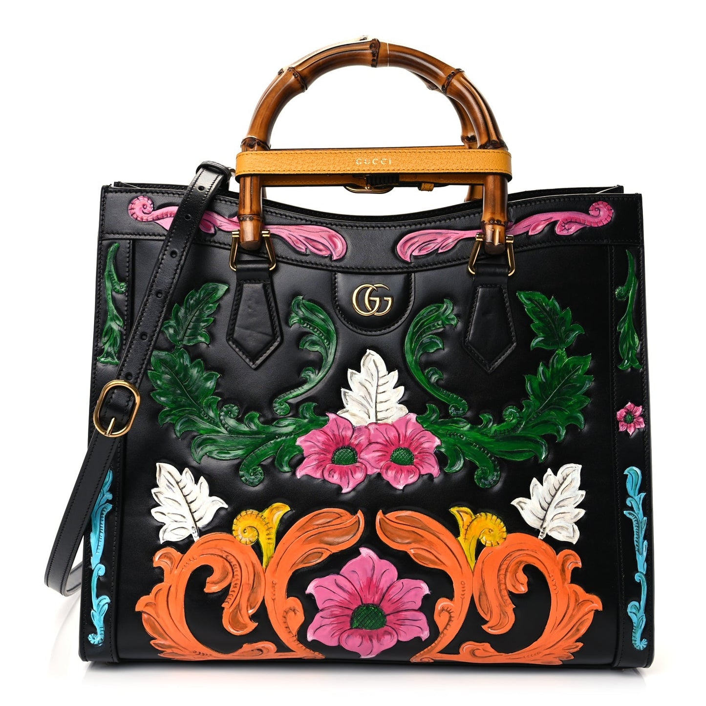 Gucci Calfskin Floral Embossed Diana Tote Bag Black Multicolor