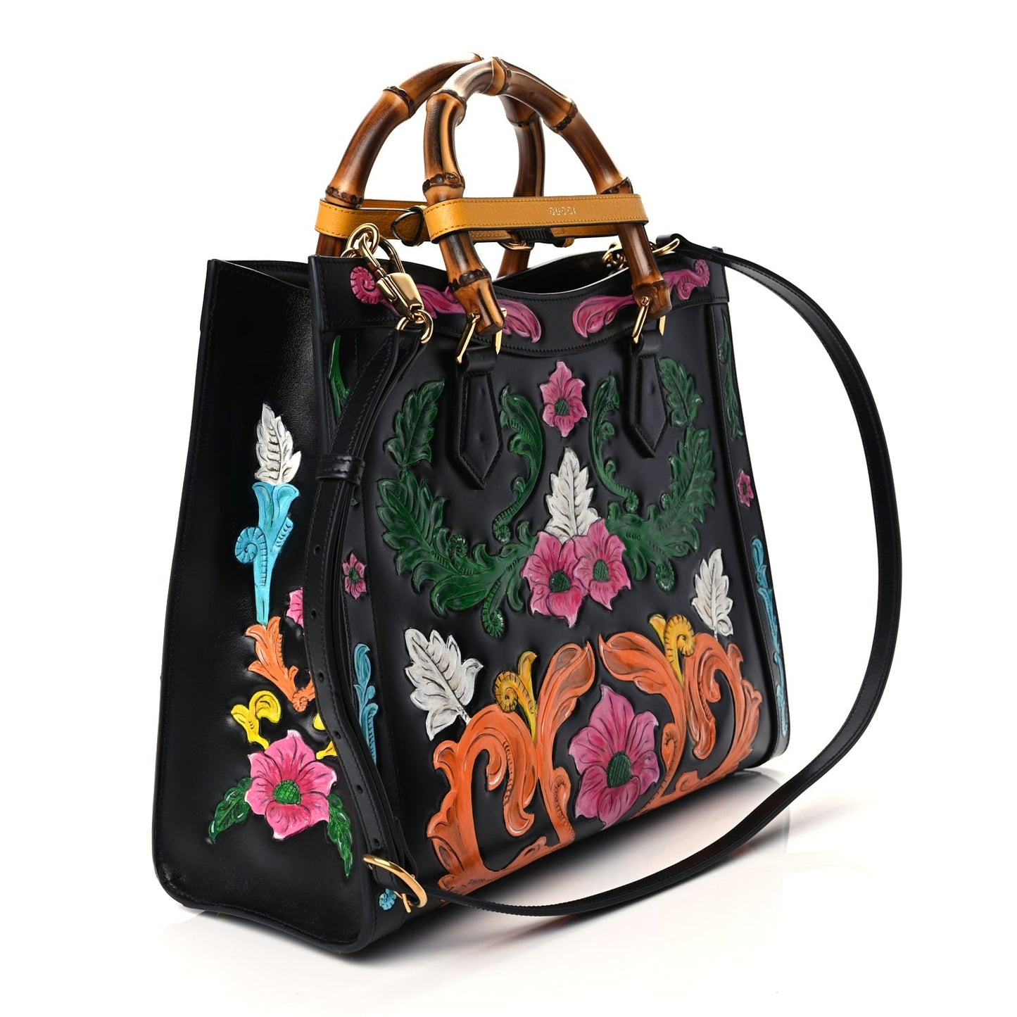 Gucci Calfskin Floral Embossed Diana Tote Bag Black Multicolor