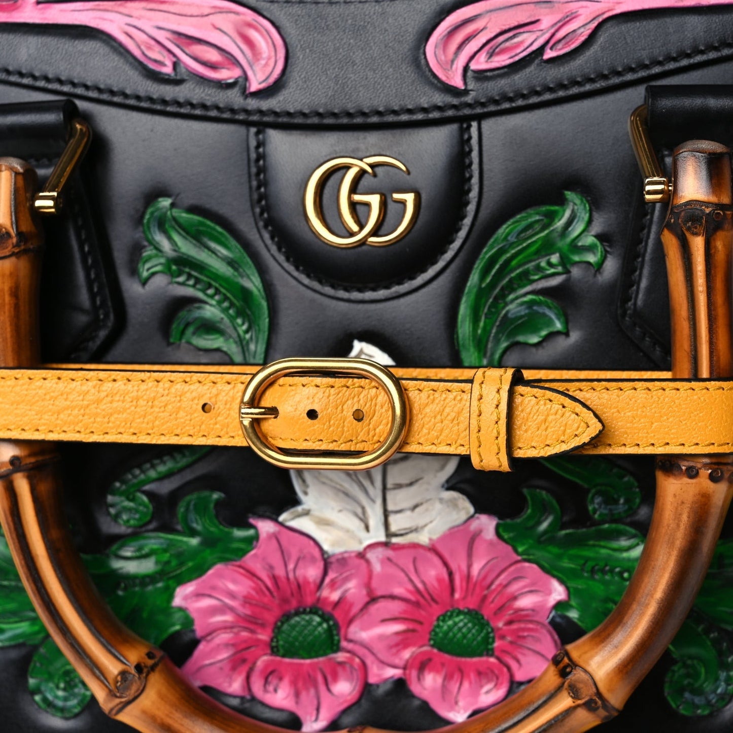 Gucci Calfskin Floral Embossed Diana Tote Bag Black Multicolor