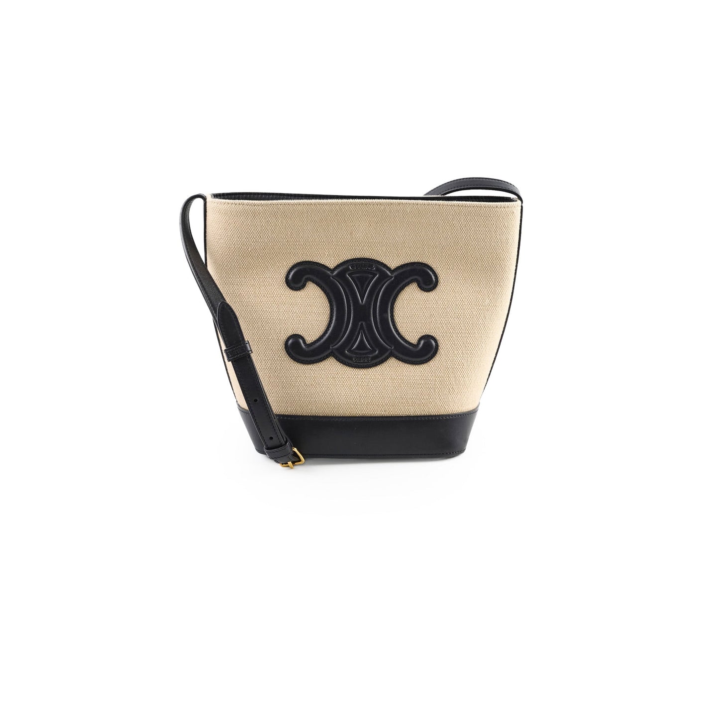Luxury CELINE Triiomphe Canvas Calfskin Bucket Bag Beige/Black