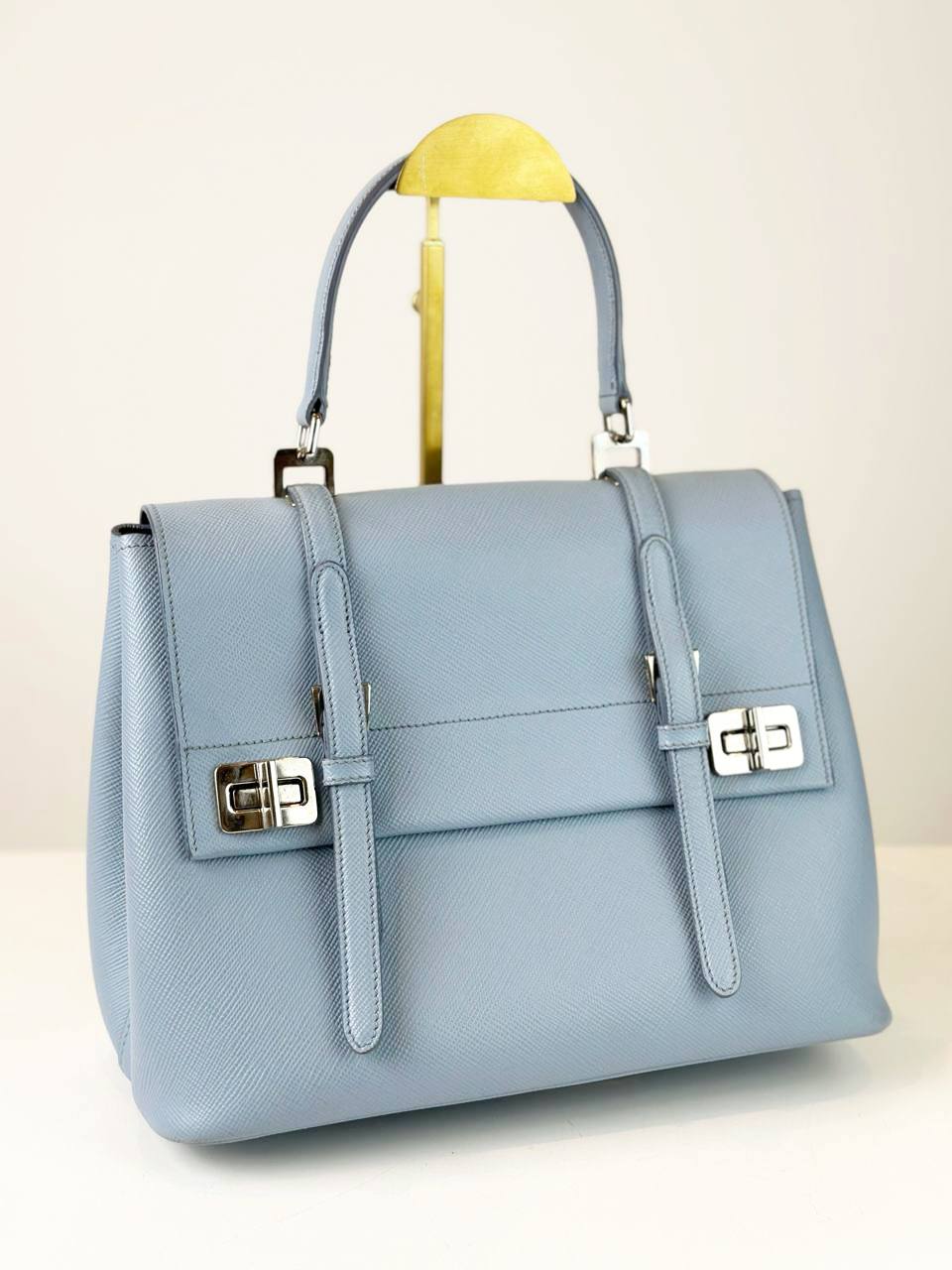 PRADA SAFFIANO CUIR CONVERTIBLE BLUE TOP HANDLE TOTE BAG WITH STRAP
