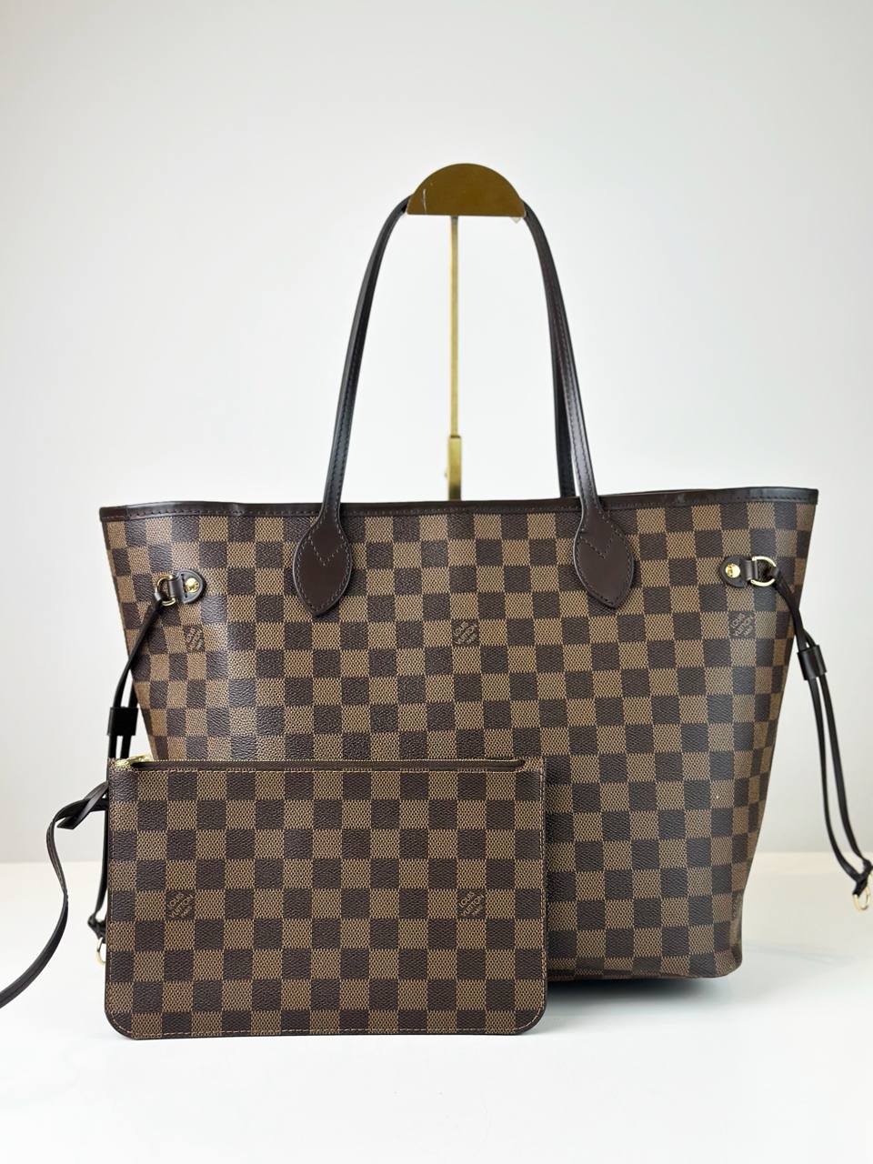 MICROCHIP LOUIS VUITTON DAMIER EBENE NEVERFULL MM TOTE BAG WITH POUCH