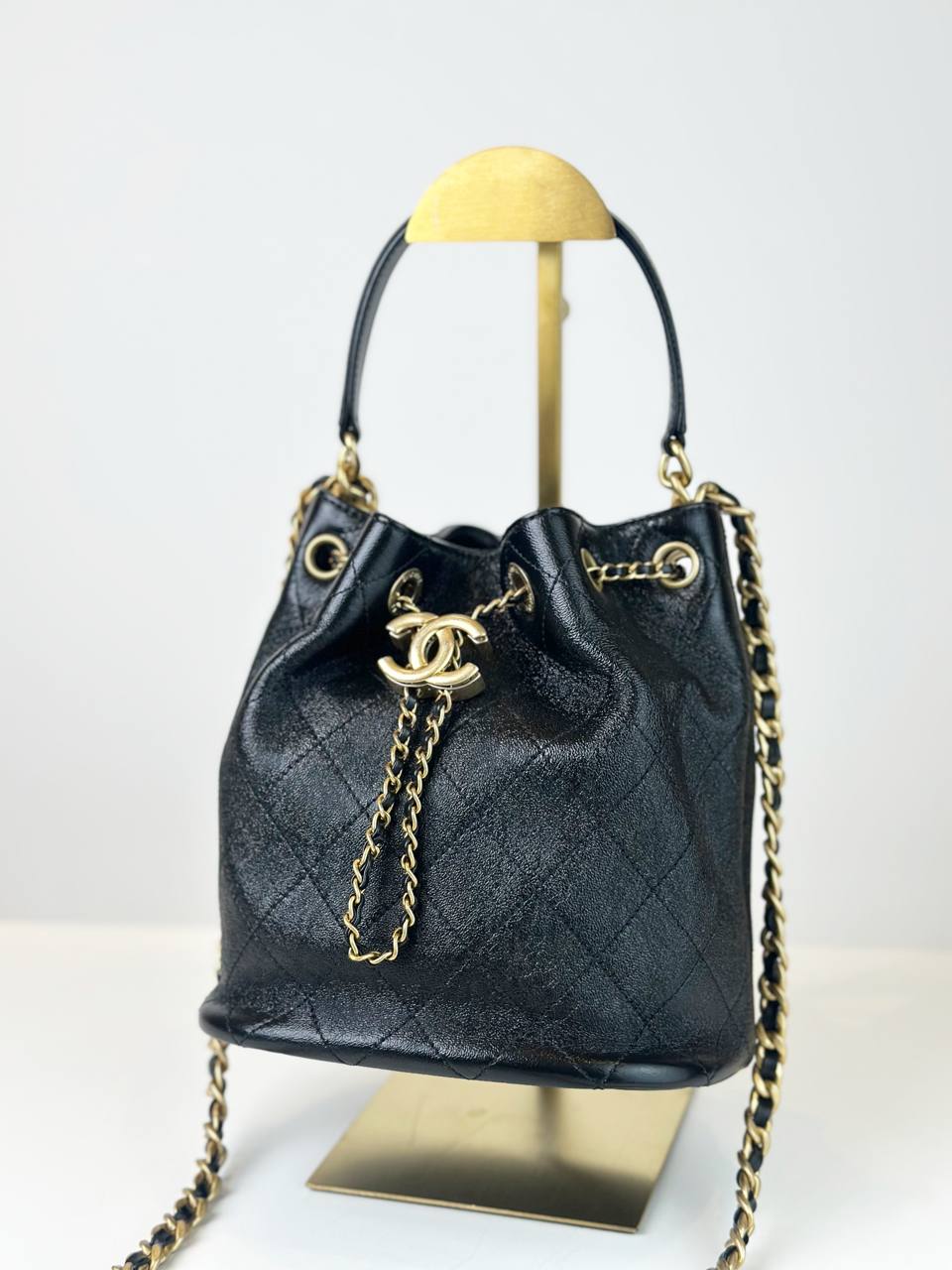 CHANEL QUILTED THERAPY BLACK BUCKET DRAWSTRING BAG