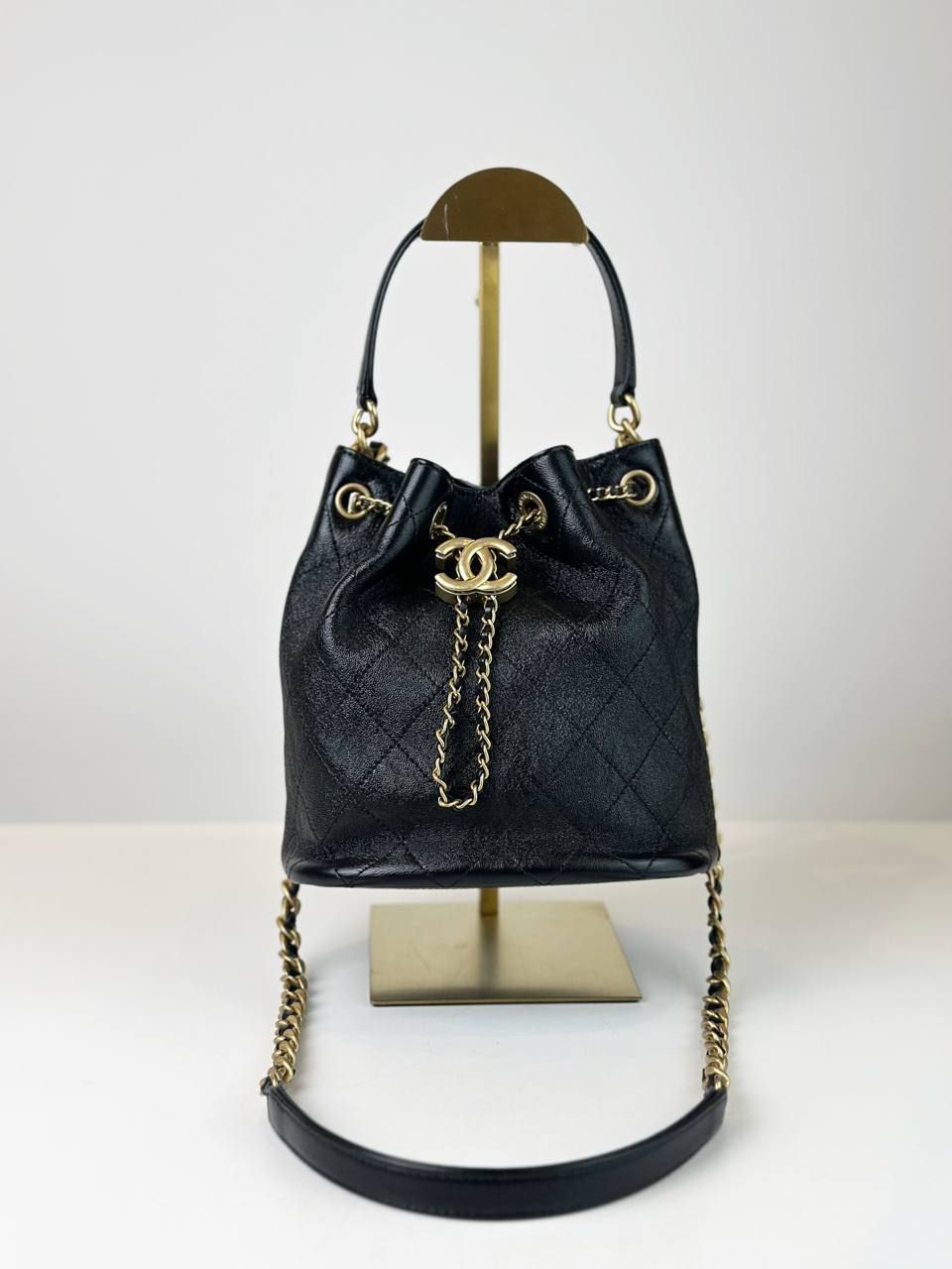 CHANEL QUILTED THERAPY BLACK BUCKET DRAWSTRING BAG