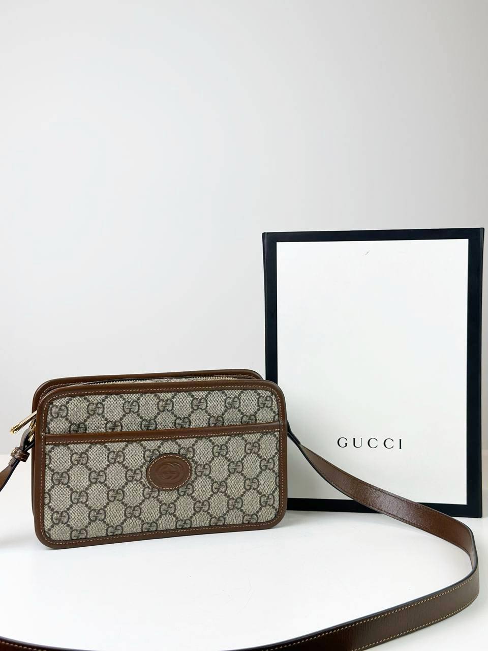 GUCCI INTERLOCKING G BROWN BEIGE SHOULDER BAG