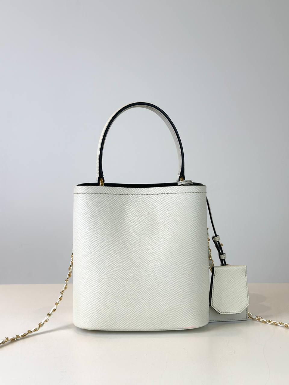 PRADA WHITE SAFFIANO LEATHER SMALL PANIER BUCKET BAG
