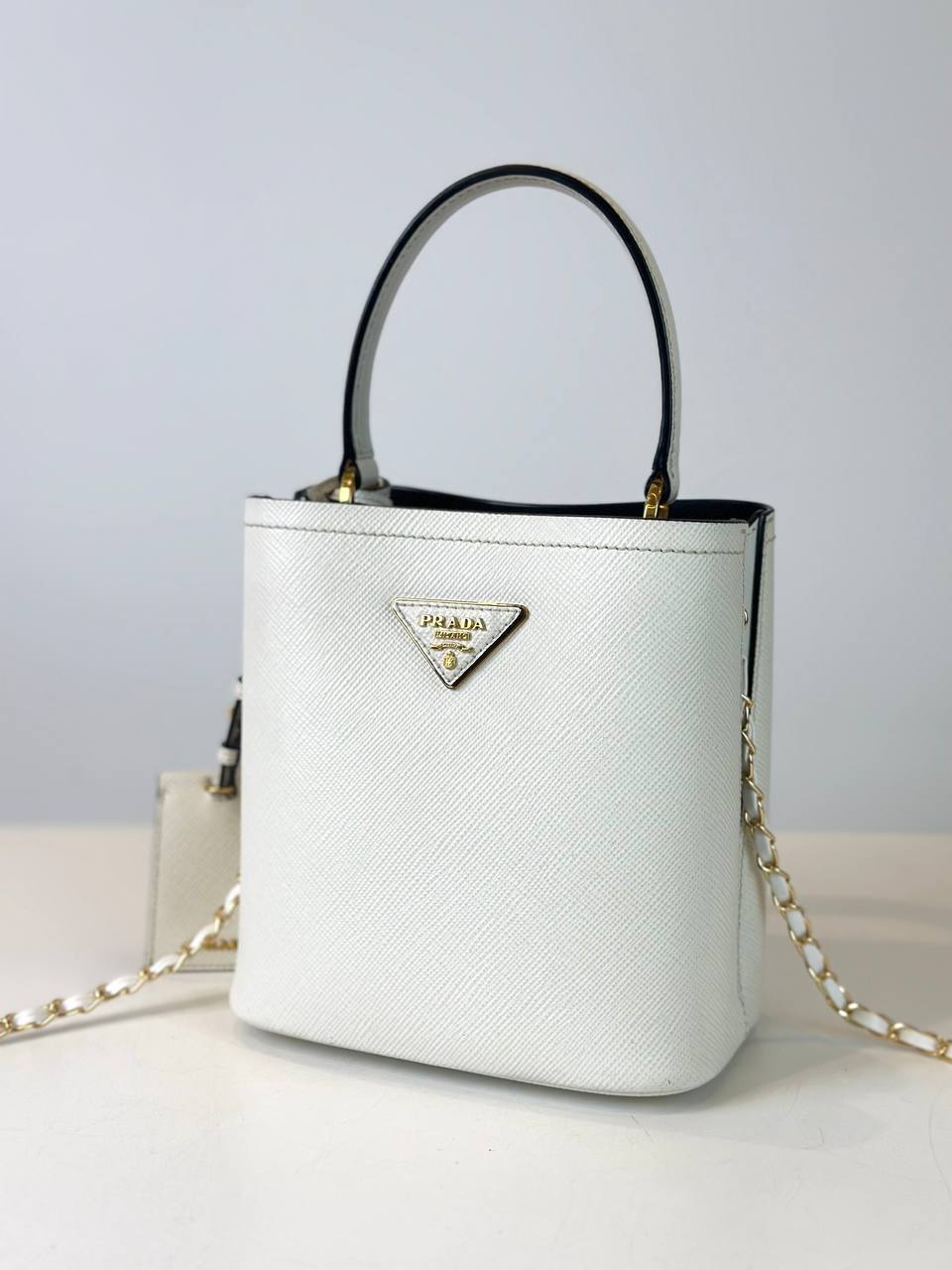 PRADA WHITE SAFFIANO LEATHER SMALL PANIER BUCKET BAG