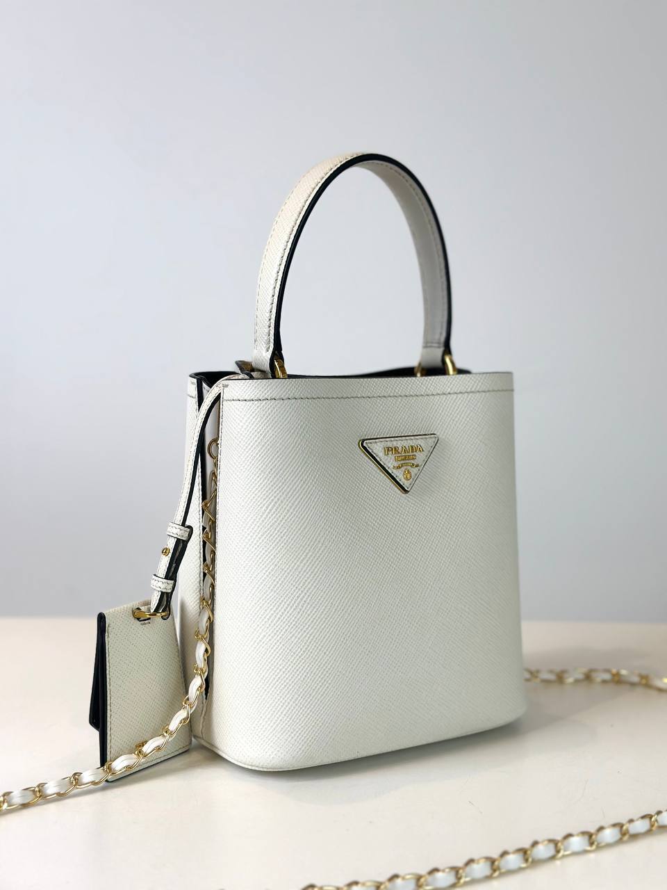 PRADA WHITE SAFFIANO LEATHER SMALL PANIER BUCKET BAG