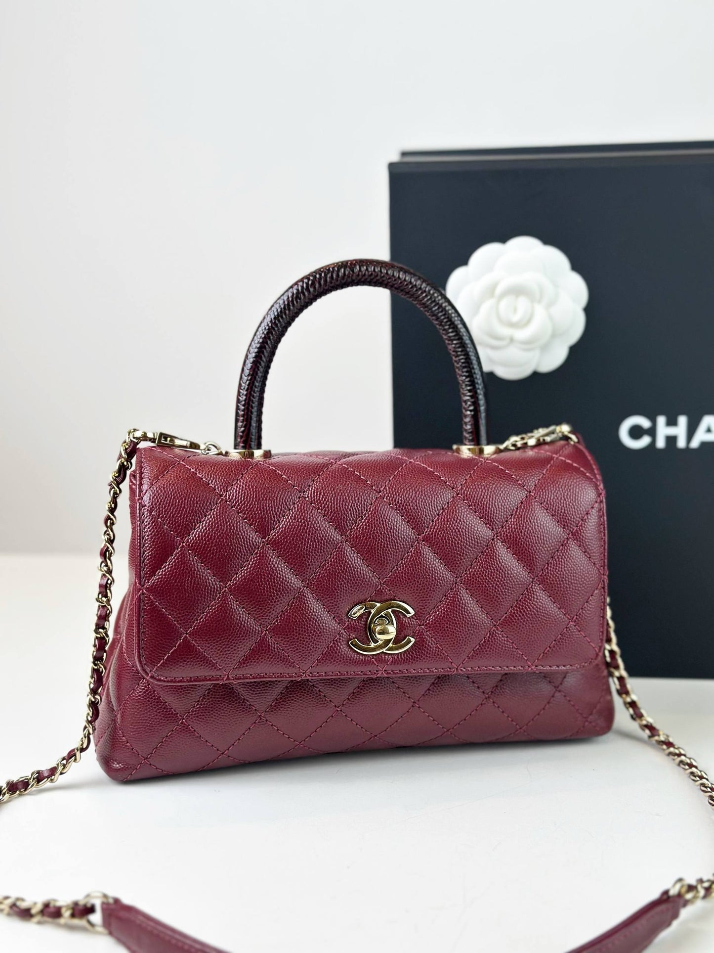 CHANEL BURGUNDY CAVIAR  LIZARD TRIMMED COCO HANDLE BAG GHW
