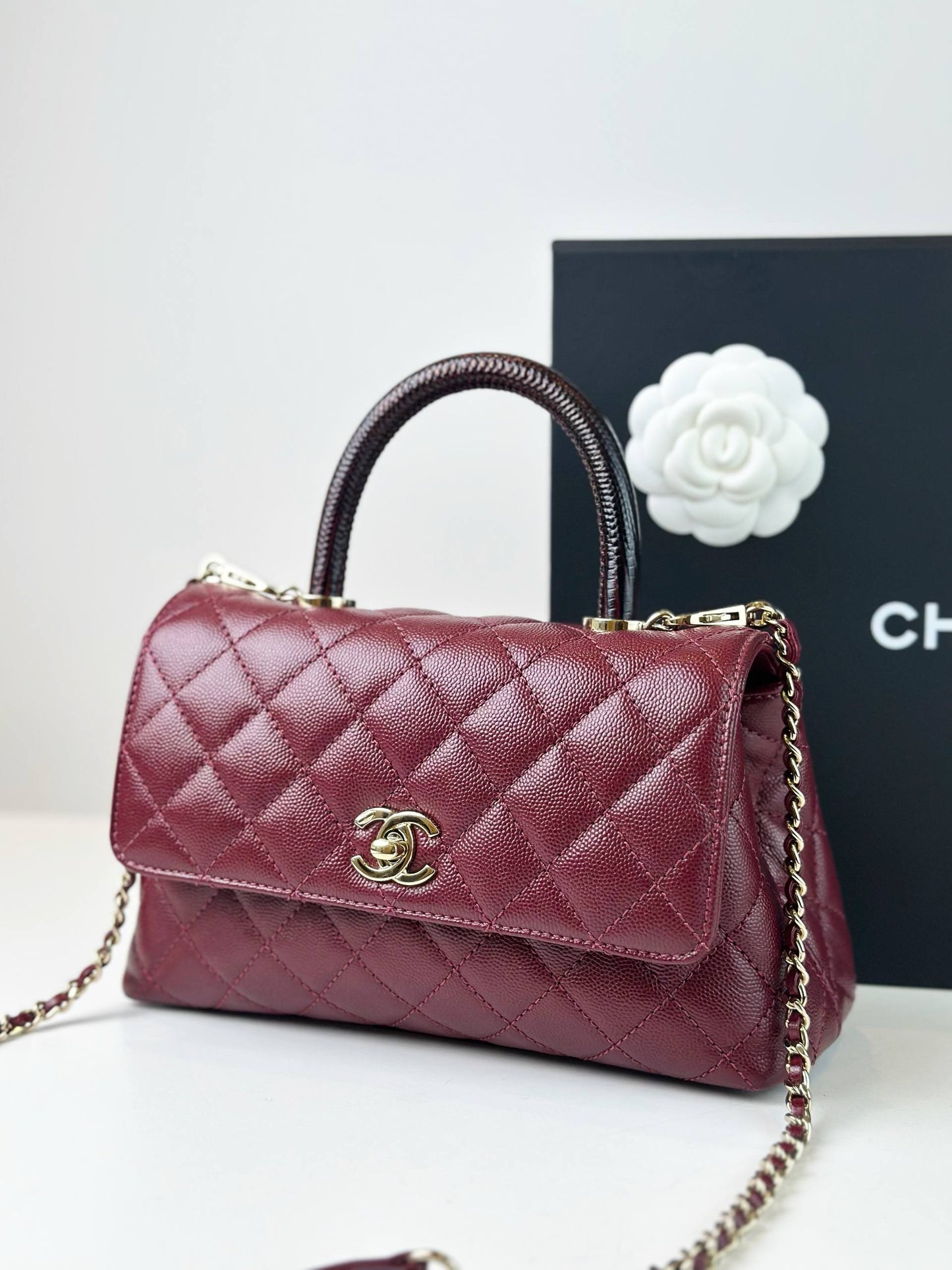 CHANEL BURGUNDY CAVIAR  LIZARD TRIMMED COCO HANDLE BAG GHW