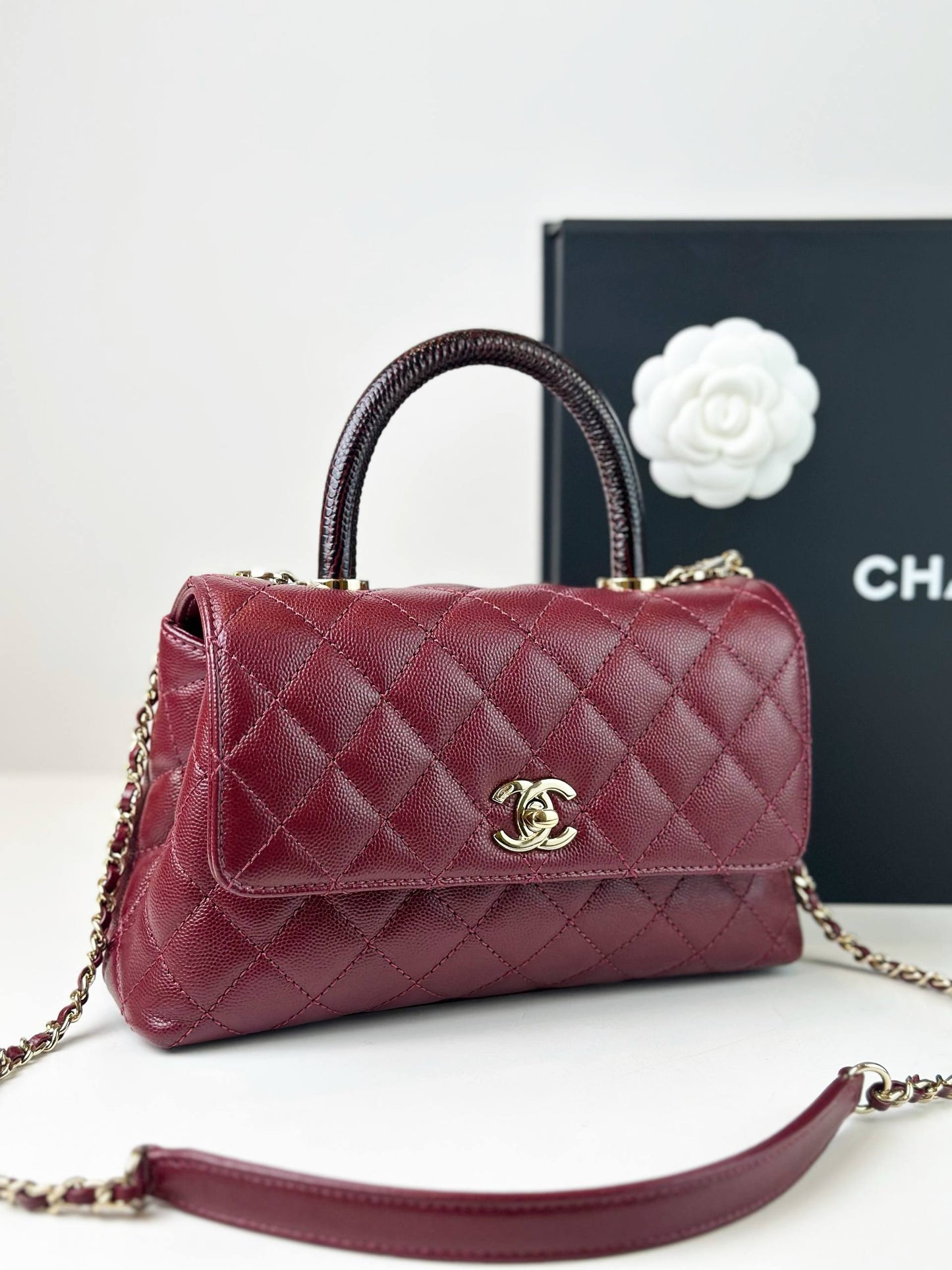 CHANEL BURGUNDY CAVIAR  LIZARD TRIMMED COCO HANDLE BAG GHW