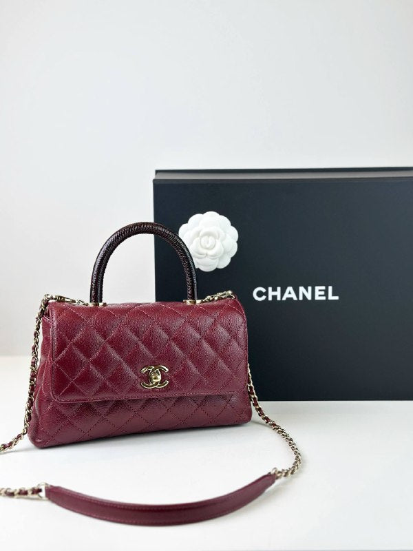 CHANEL BURGUNDY CAVIAR  LIZARD TRIMMED COCO HANDLE BAG GHW