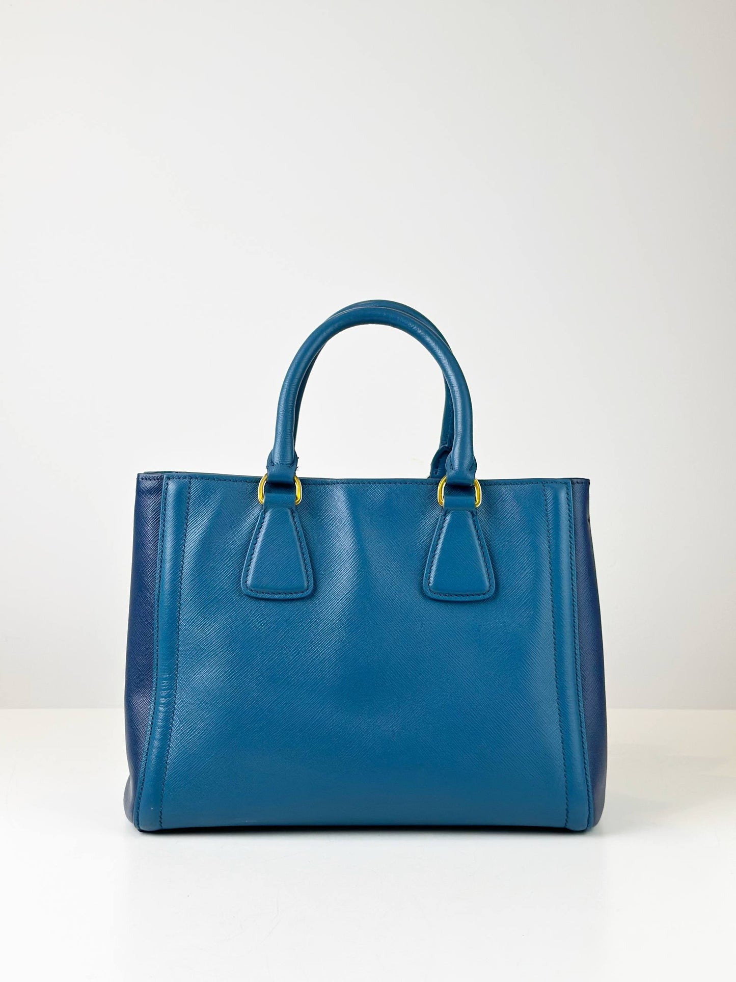 PRADA GALLERIA SAFFIANO LEATHER SMALL BLUE TWO TONED COLOR TOP HANDLE BAG WITH STRAP