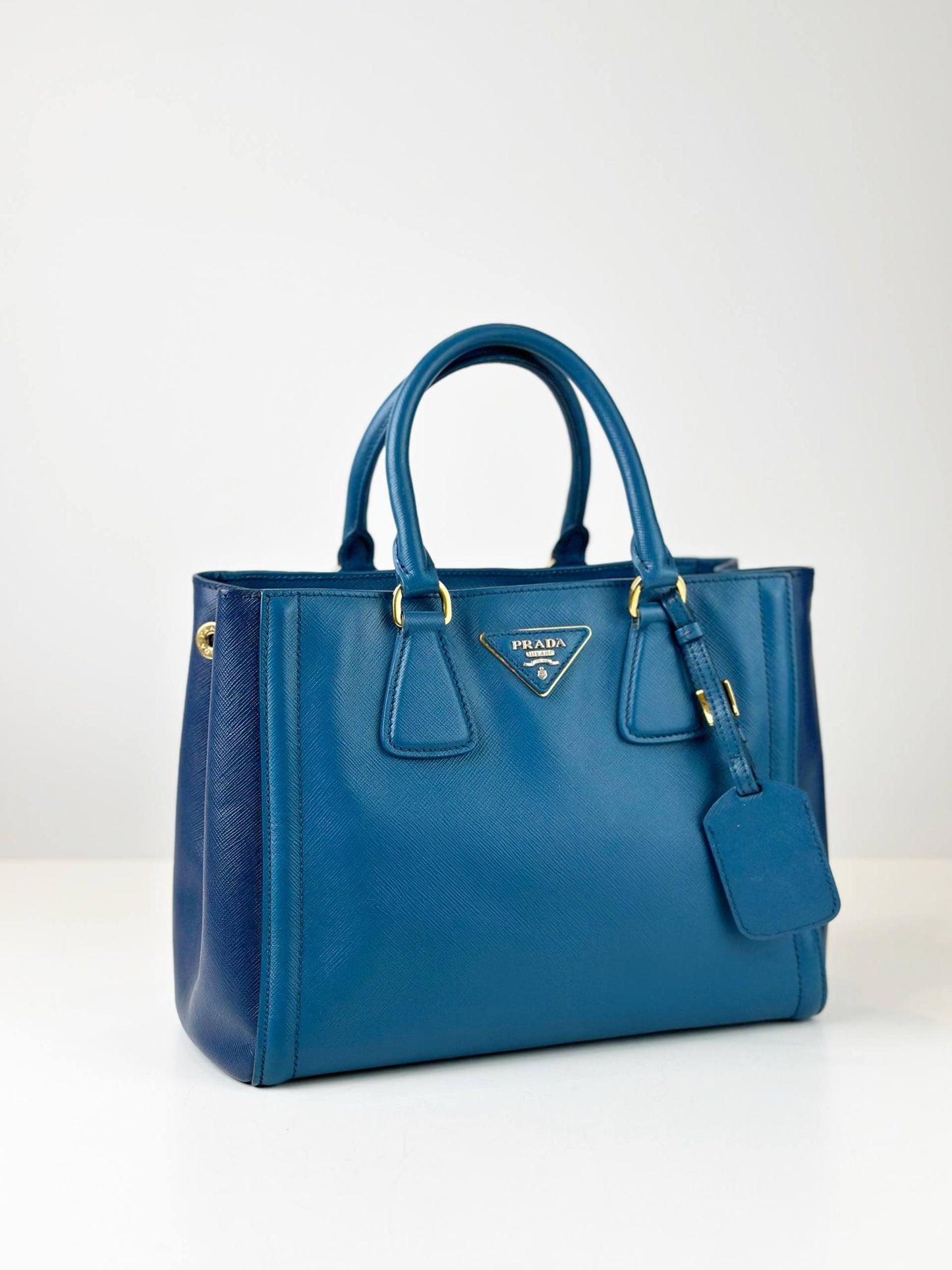 PRADA GALLERIA SAFFIANO LEATHER SMALL BLUE TWO TONED COLOR TOP HANDLE BAG WITH STRAP