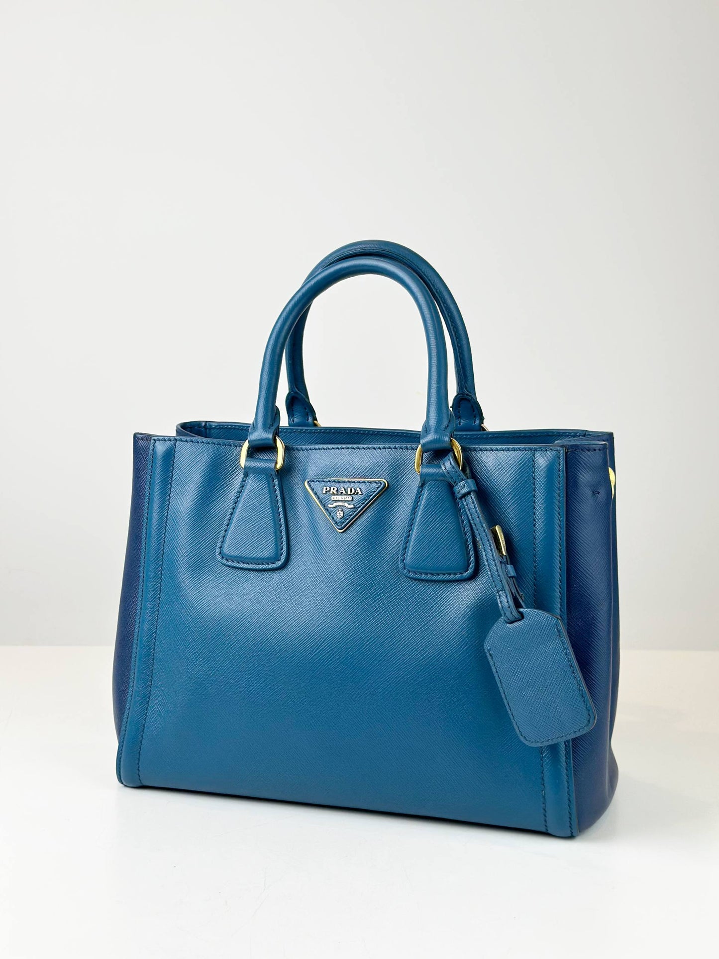 PRADA GALLERIA SAFFIANO LEATHER SMALL BLUE TWO TONED COLOR TOP HANDLE BAG WITH STRAP