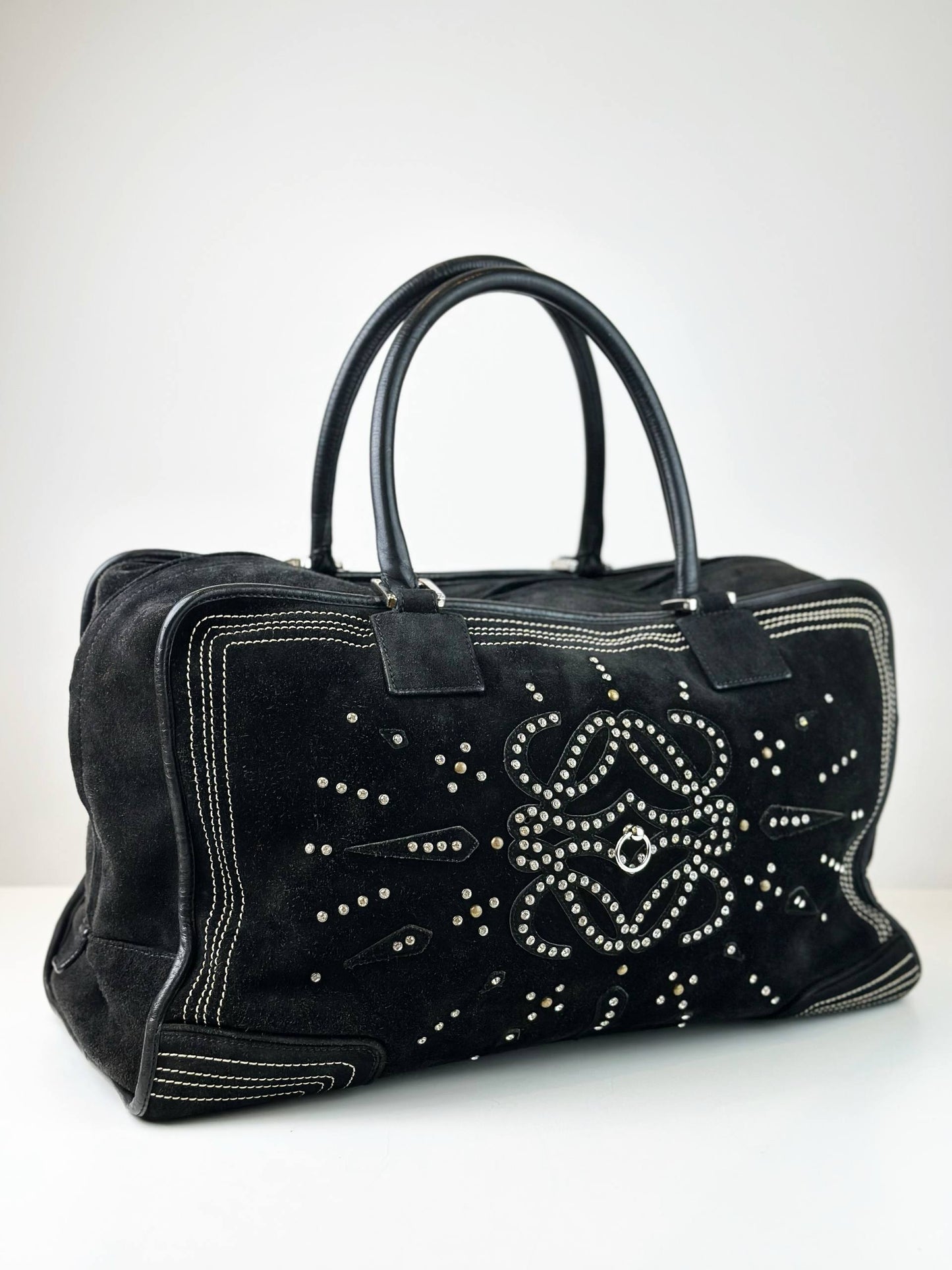 LOEWE AMAZONA RHINESTONE STUDDED SUEDE BLACK HANDBAG