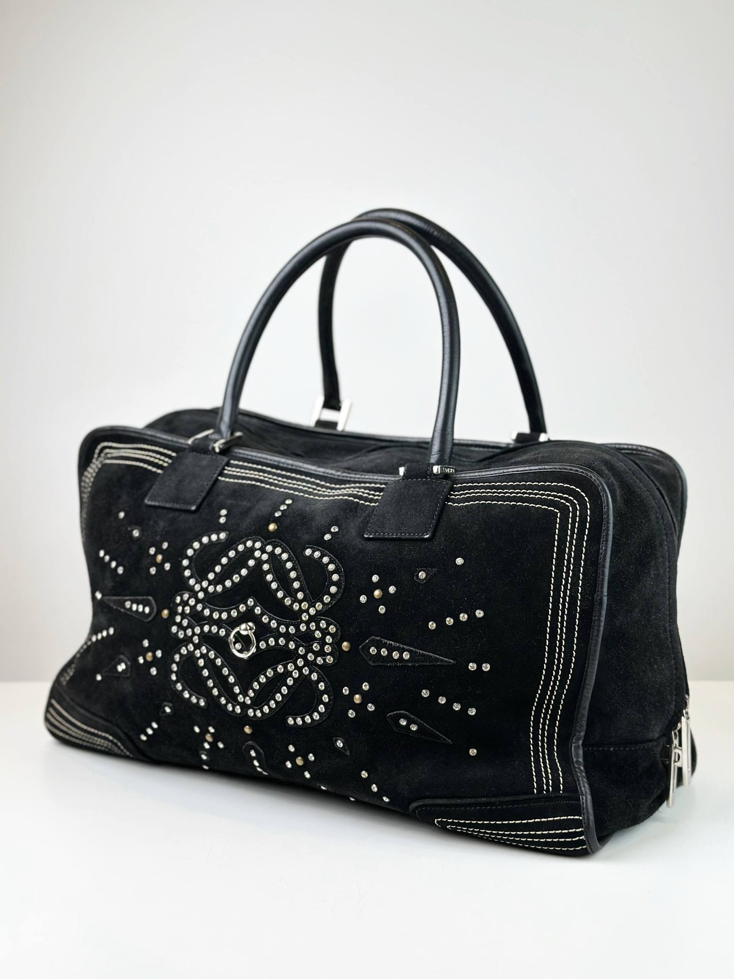 LOEWE AMAZONA RHINESTONE STUDDED SUEDE BLACK HANDBAG