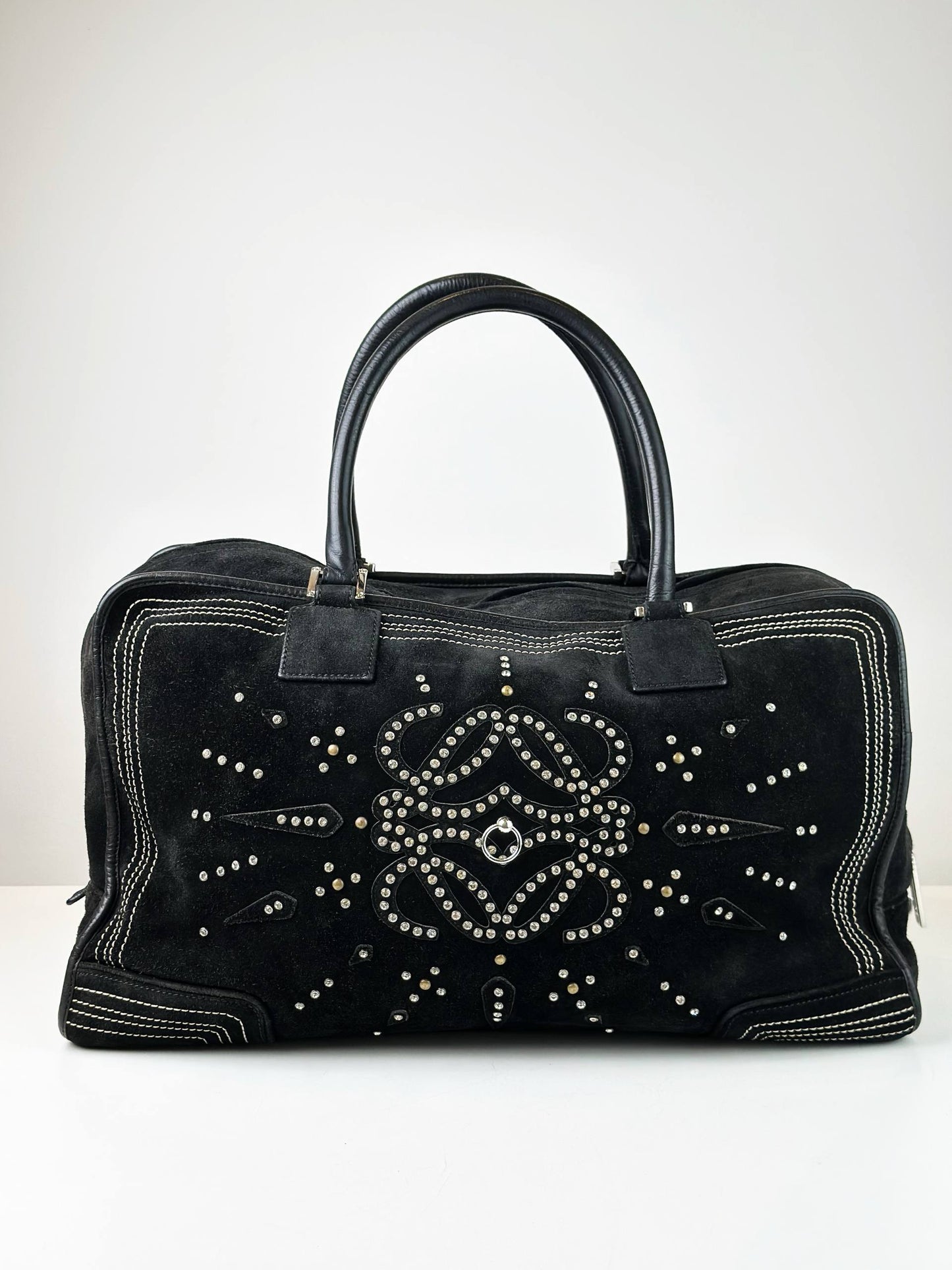 LOEWE AMAZONA RHINESTONE STUDDED SUEDE BLACK HANDBAG