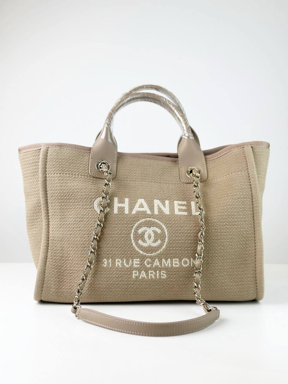CHANEL DEAUVILLE BEIGE TOTE BAG WITH STRAP