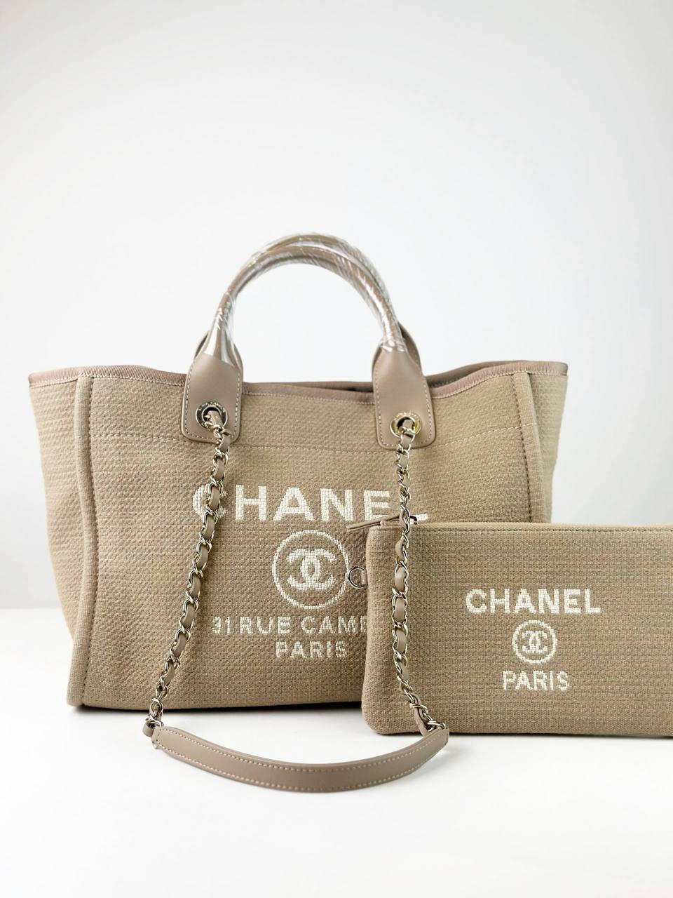 CHANEL DEAUVILLE BEIGE TOTE BAG WITH STRAP