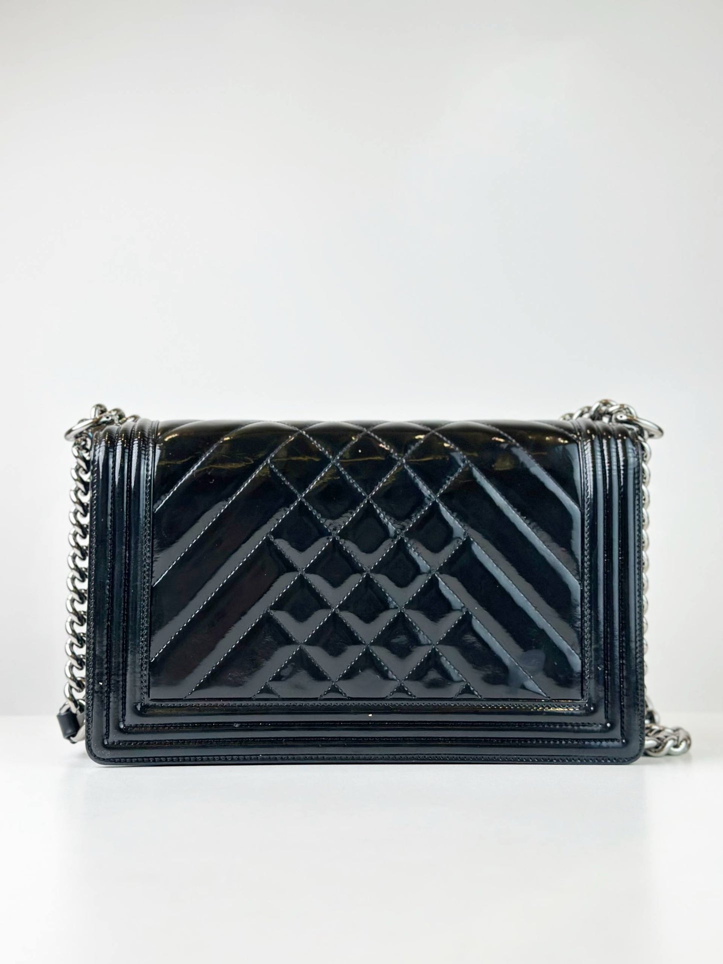 CHANEL LE BOY BLACK CHEVRON PATENT LEATHER SHOULDER BAG