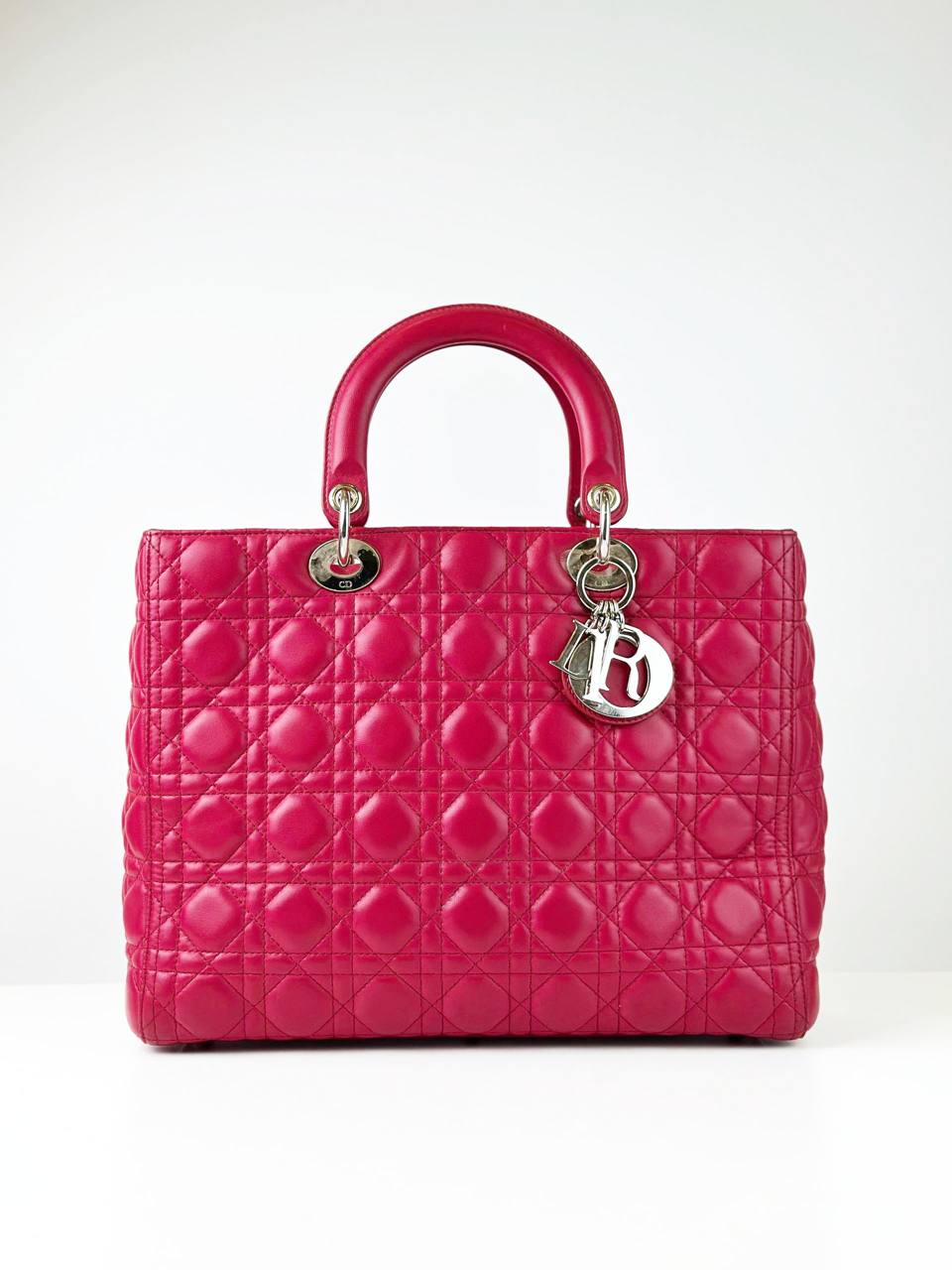 DIOR LADY DIOR PINK CANNAGE EMBOSSED LEATHER LARGE HANDBAG WITH STRAP