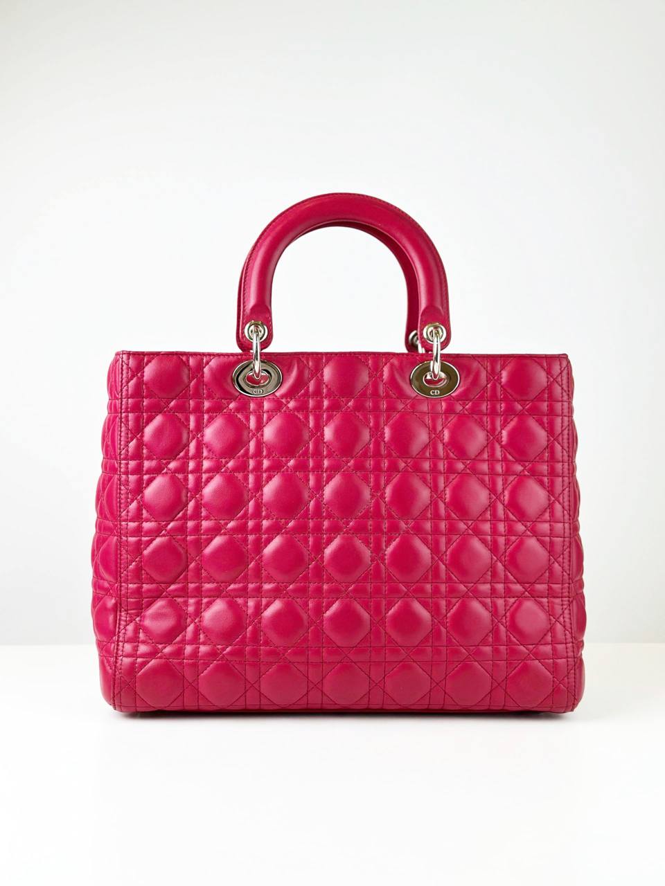 DIOR LADY DIOR PINK CANNAGE EMBOSSED LEATHER LARGE HANDBAG WITH STRAP