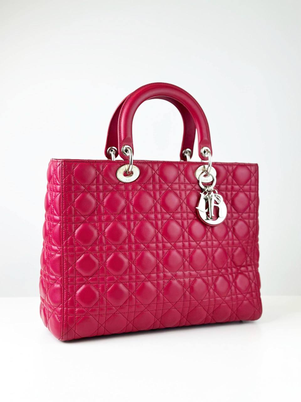 DIOR LADY DIOR PINK CANNAGE EMBOSSED LEATHER LARGE HANDBAG WITH STRAP