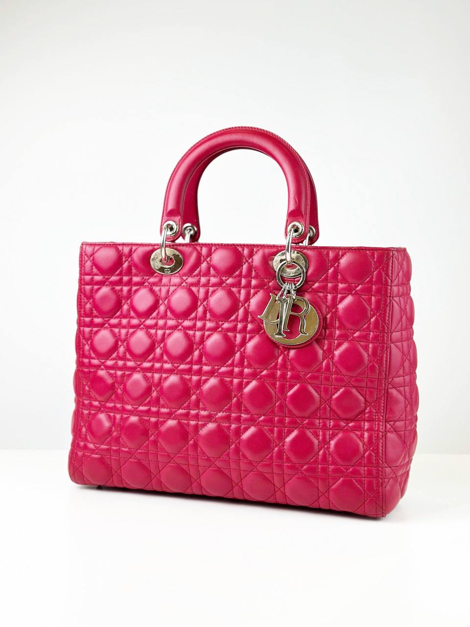 DIOR LADY DIOR PINK CANNAGE EMBOSSED LEATHER LARGE HANDBAG WITH STRAP