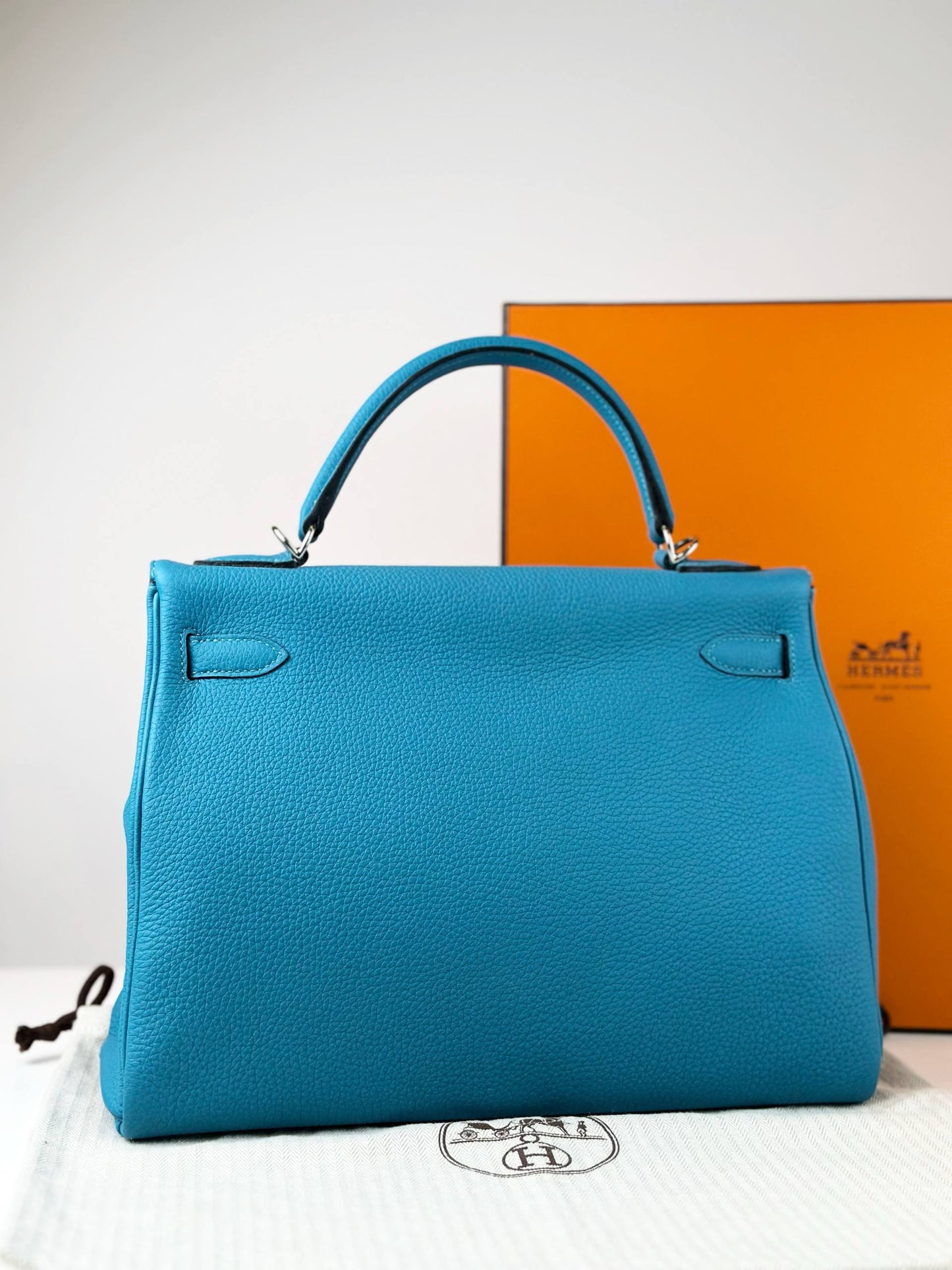 HERMES KELLY 32 BLUE JEAN CLEMENCE LEATHER HANDBAG PHW