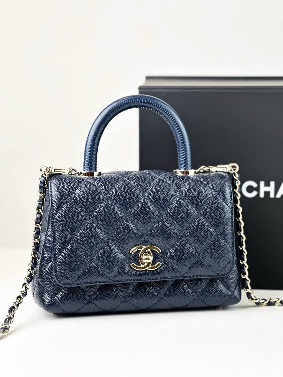 CHANEL NAVY BLUE CAVIAR LIZARD TRIMMED COCO HANDLE MINI BAG GHW