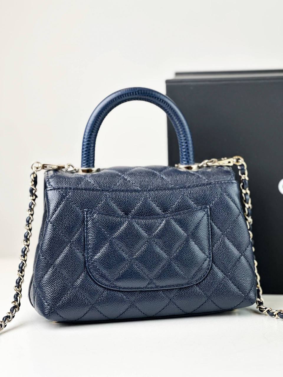 CHANEL NAVY BLUE CAVIAR LIZARD TRIMMED COCO HANDLE MINI BAG GHW