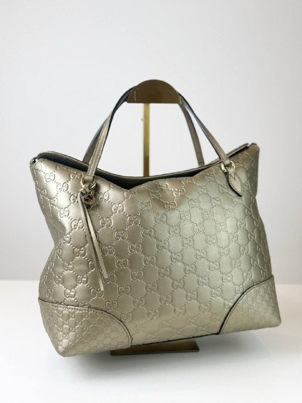 GUCCI GG SIGNATURE BREE TOTE METALLIC GOLD HANDBAG