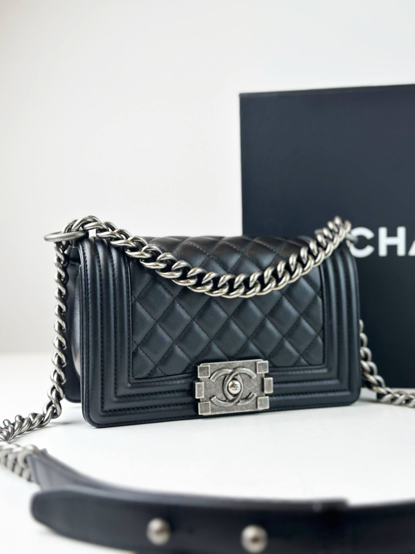 CHANEL LE BOY SMALL FLAP BLACK SHOULDER BAG SHW