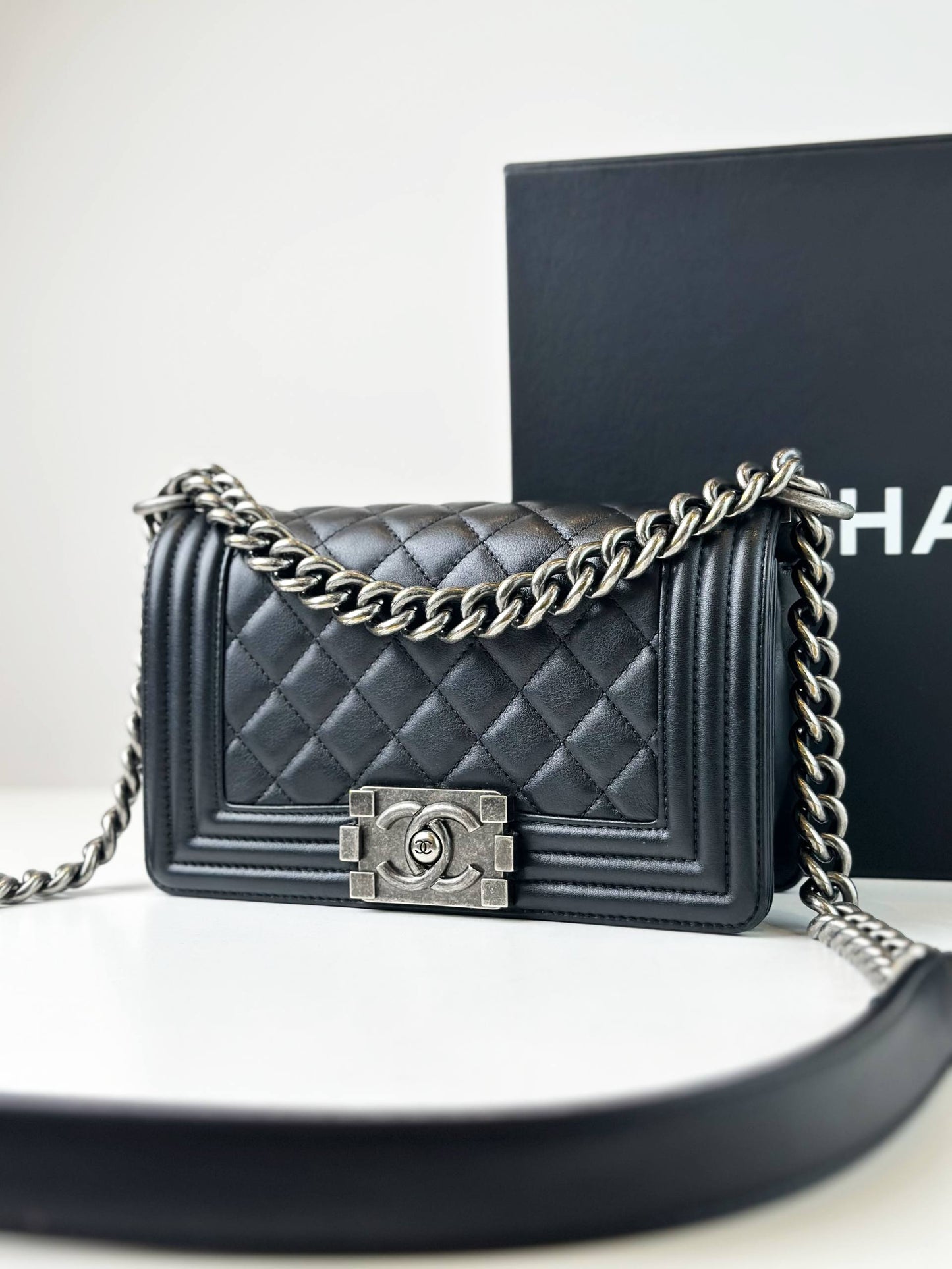 CHANEL LE BOY SMALL FLAP BLACK SHOULDER BAG SHW