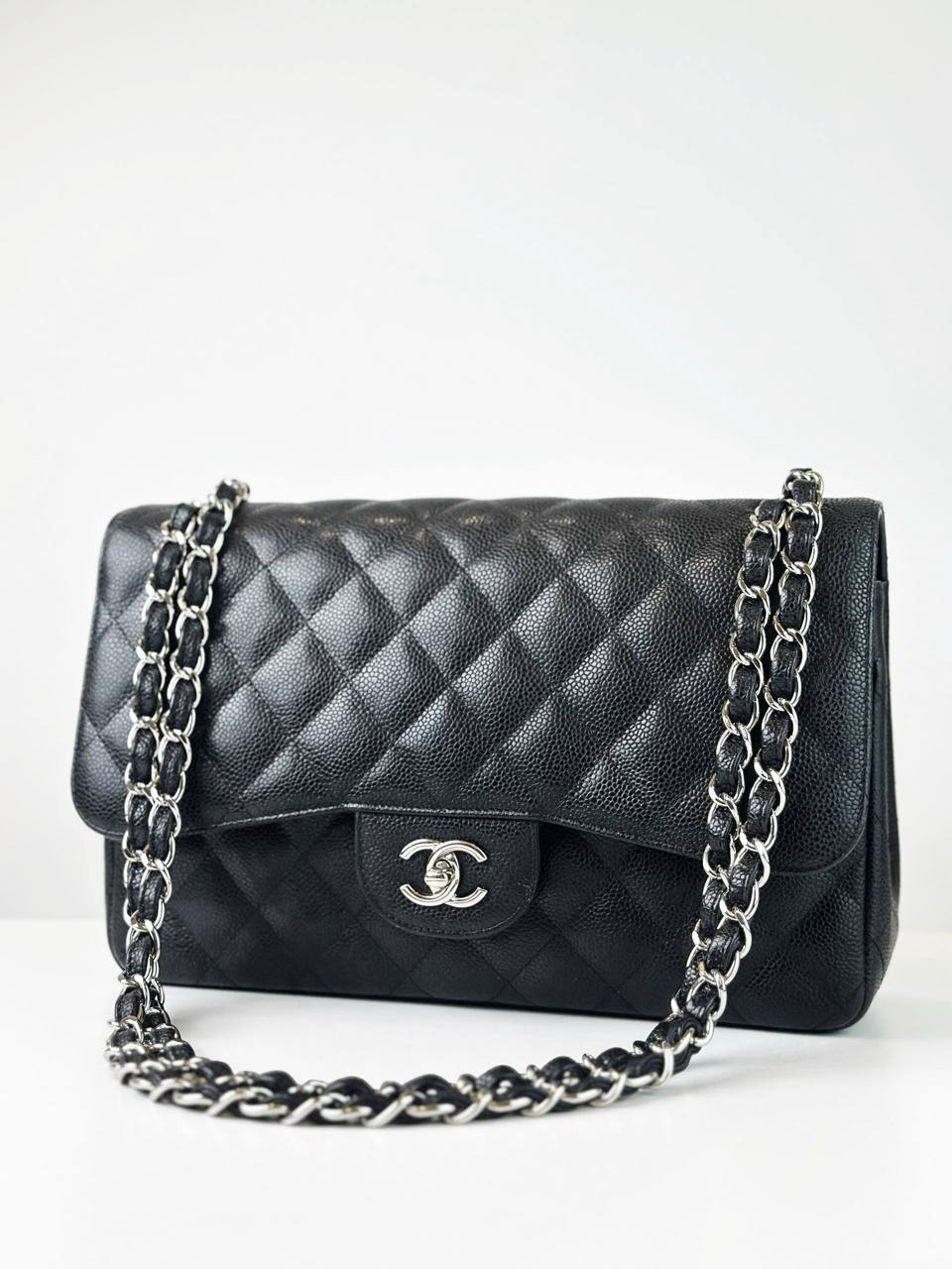 CHANEL CLASSIC FLAP BLACK CAVIAR JUMBO SHOULDER BAG SHW