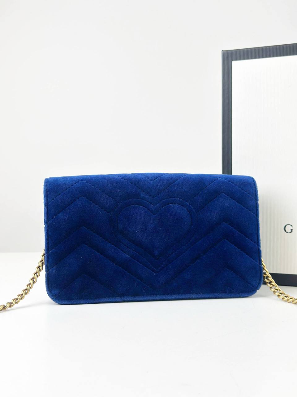GUCCI GG MARMONT BLUE VELVET MINI CHAIN FLAP CROSSBODY BAG